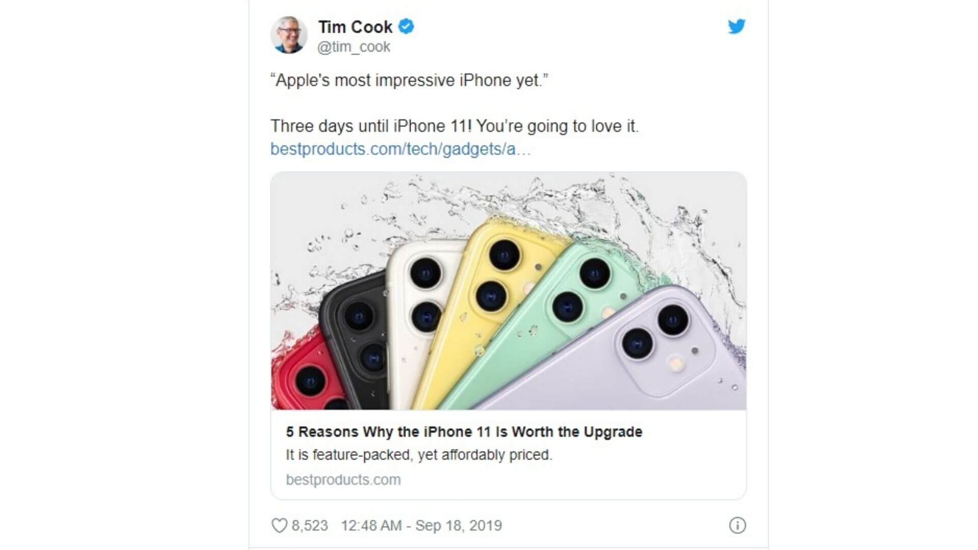 Tim Cook tweet for iPhone 11 series