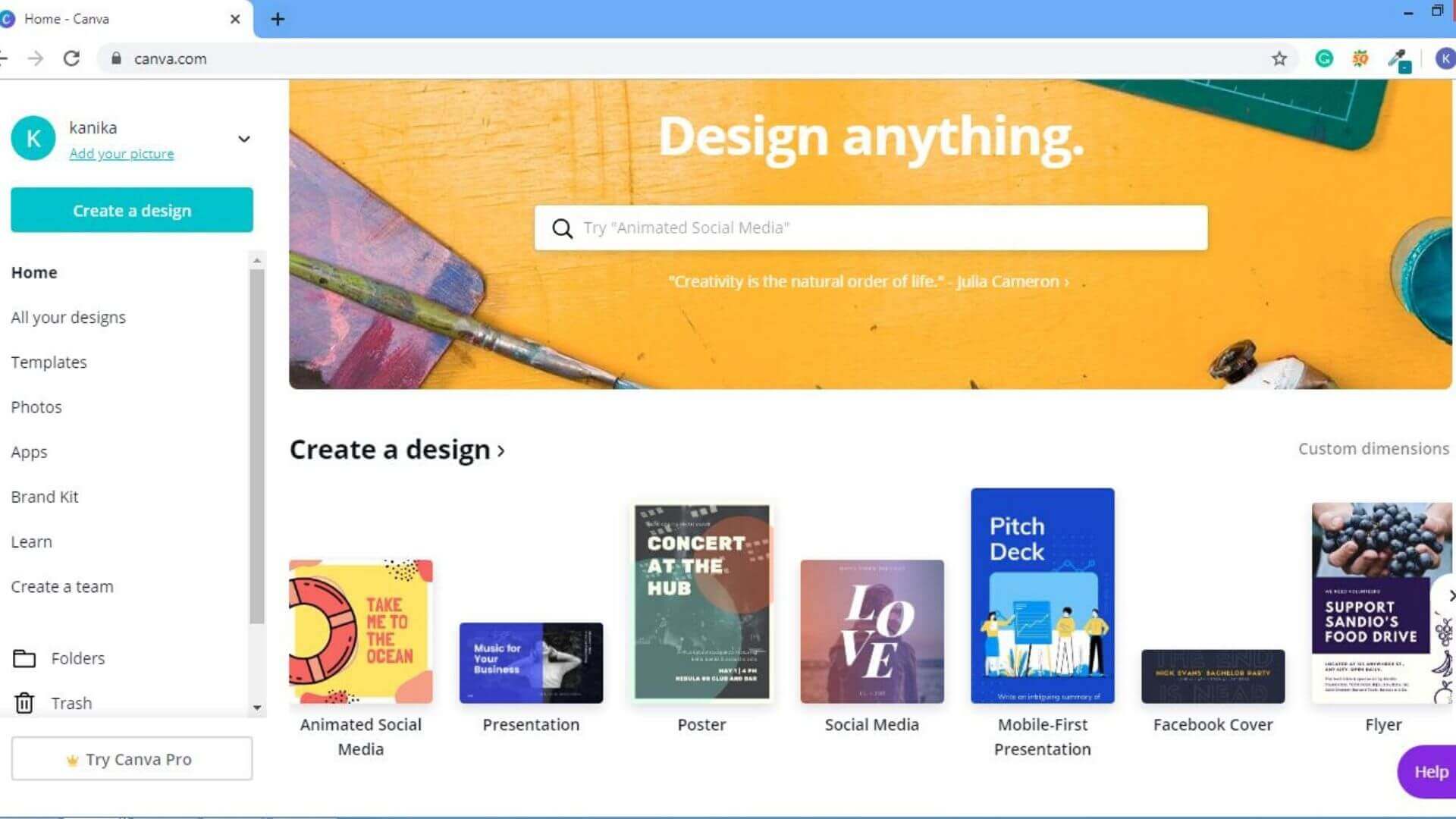 Homepage of Canva