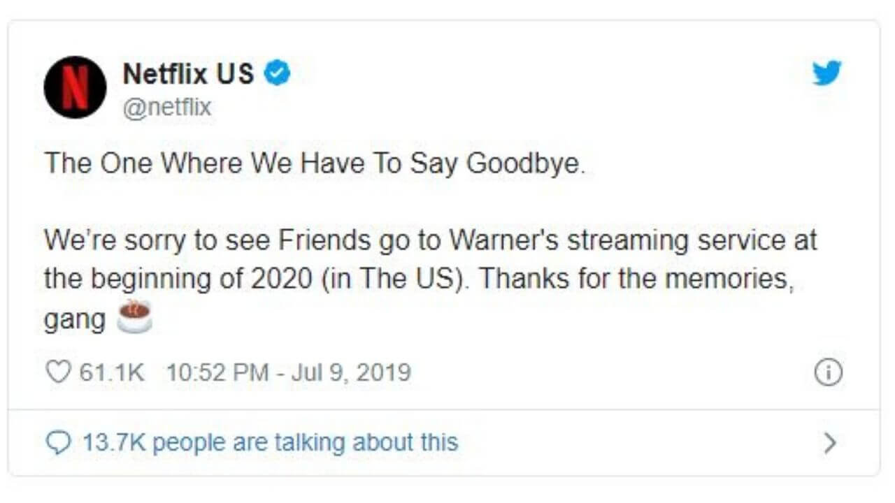 Netflix US announced the departure of the Friends show.