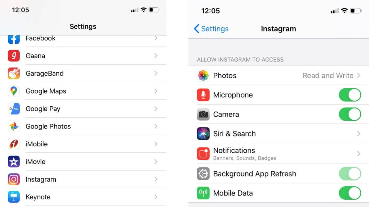 Instagram App Permissions on iPhone