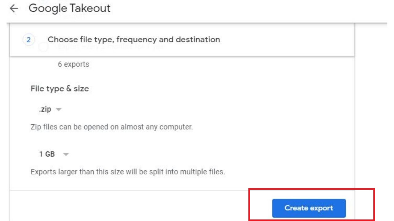 Google takeout step 3