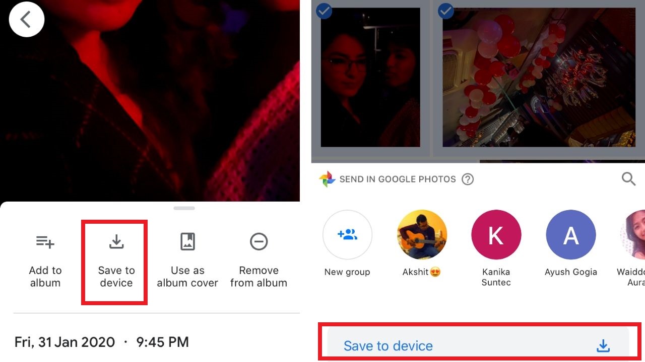 save to device option in Google Photos