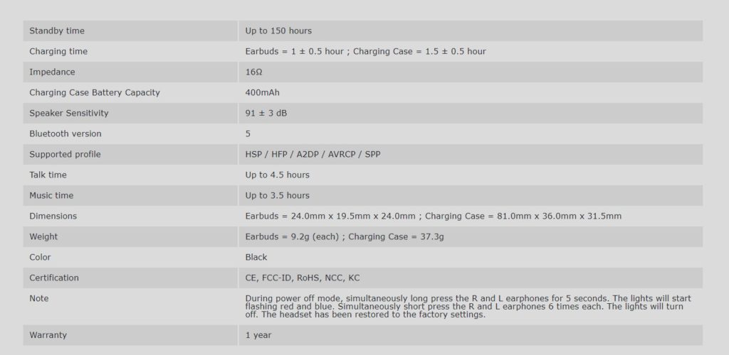 Silicon Power BP82 Wireless Earbuds Specs