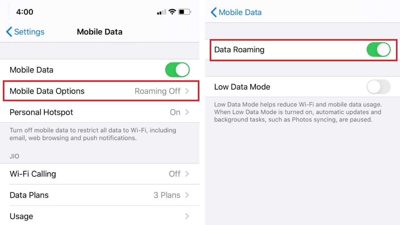 Enable Data Roaming on iPhone 11