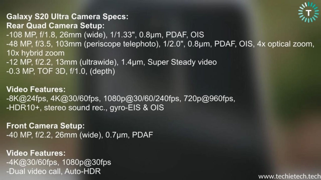 Samsung Galaxy S20 Ultra Detailed Camera Specs