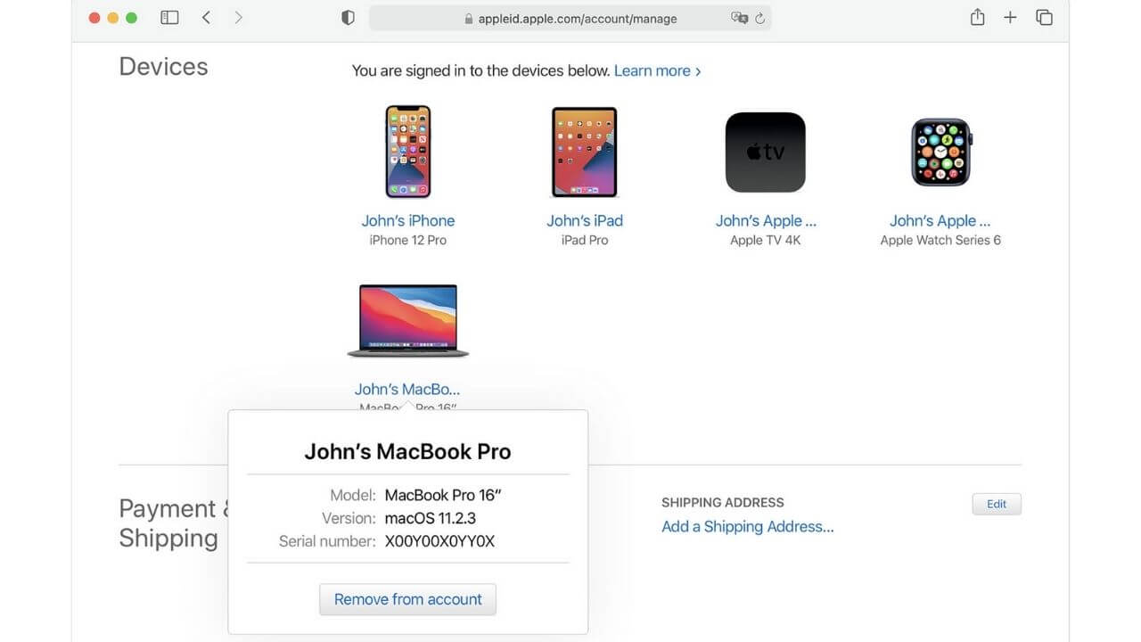 Remove device from Apple ID using Apple ID Account Page step 2