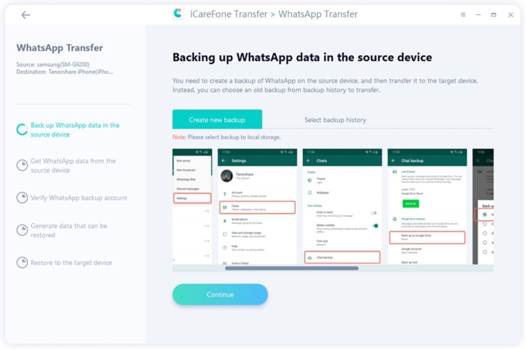 Backup Whatsapp data in source device using iFone Care