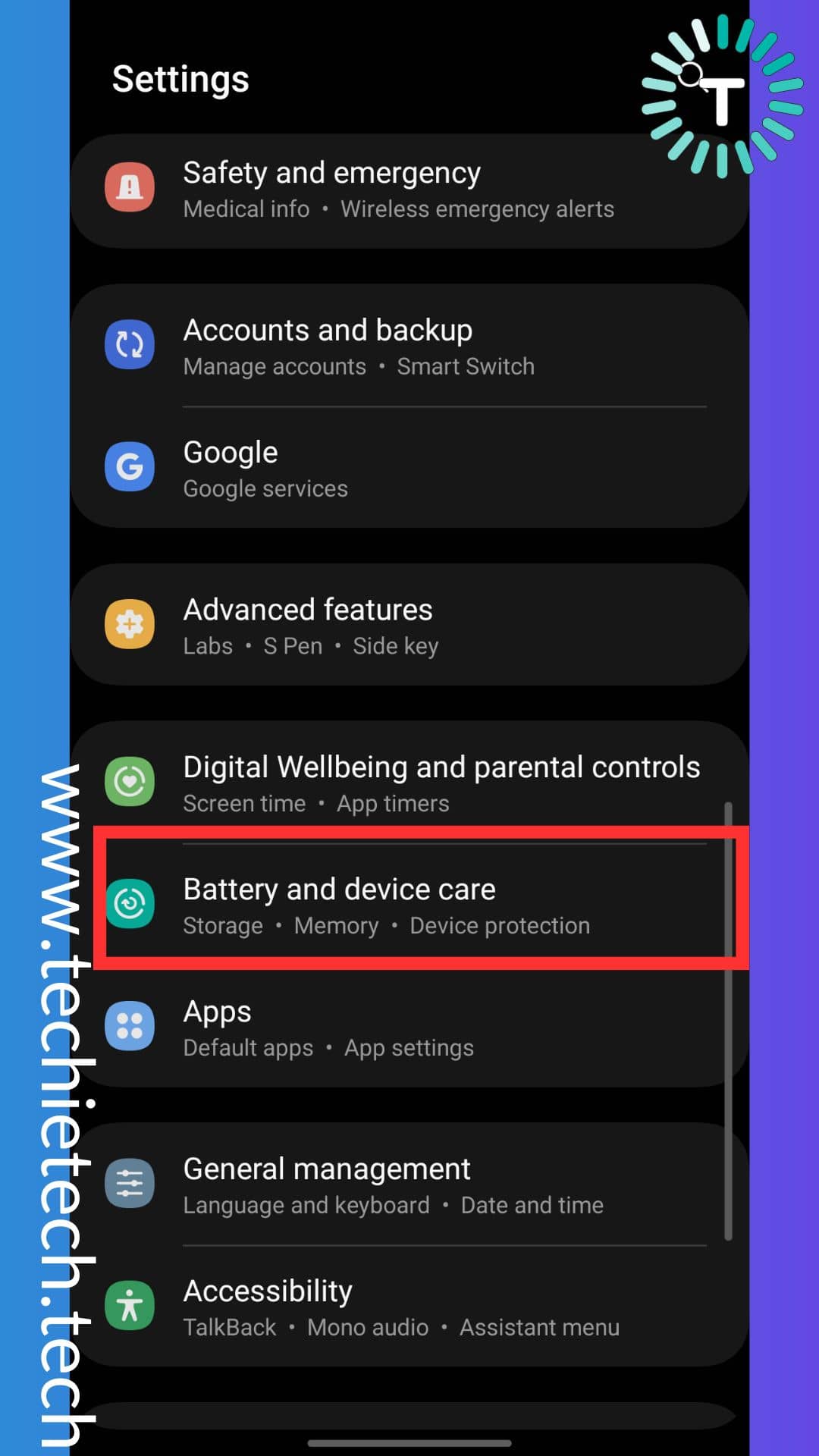 Go to the Settings of the device, and tap on Battery and Device care