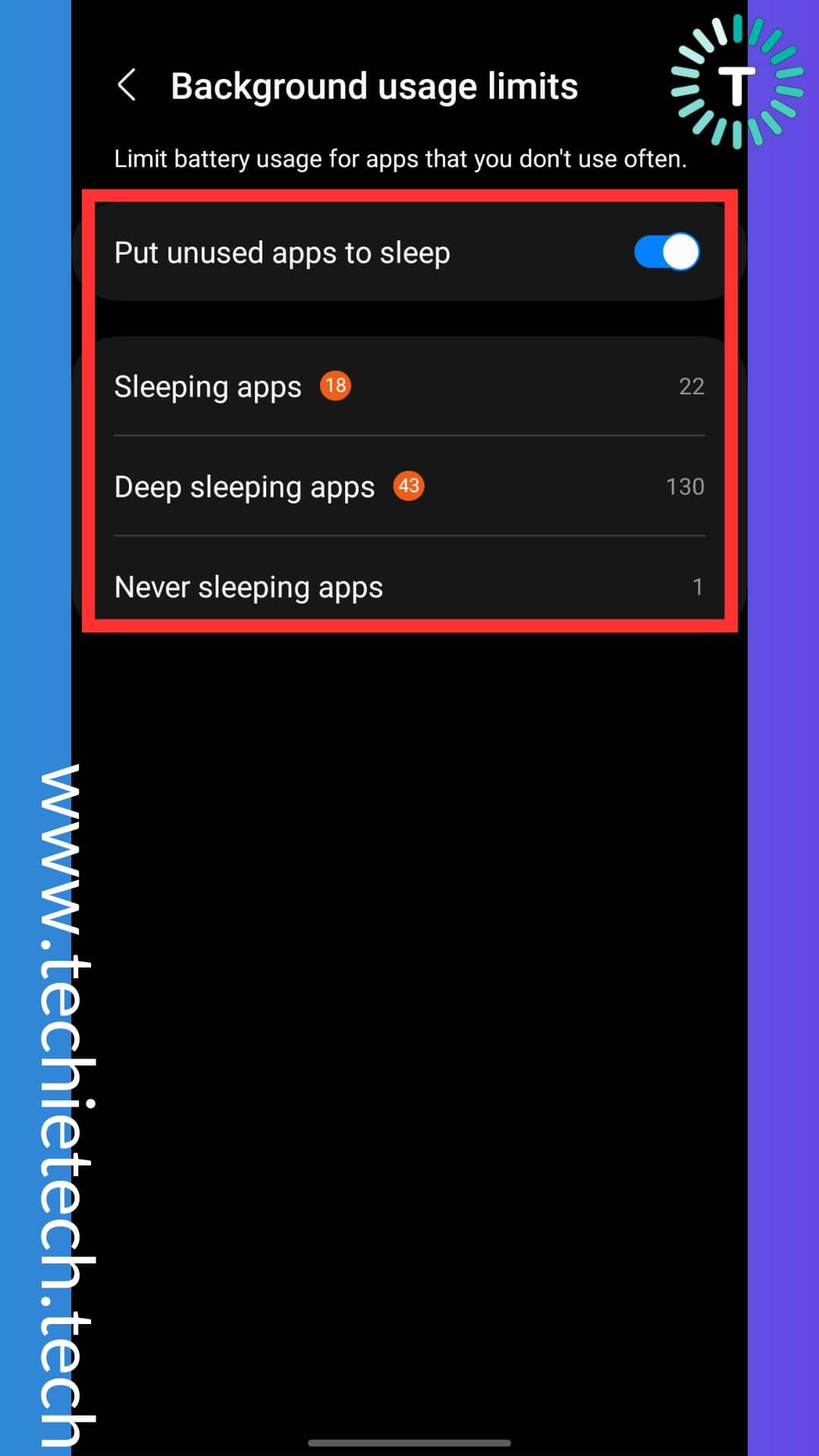 Tap toggle to allow to put any unused app to sleep