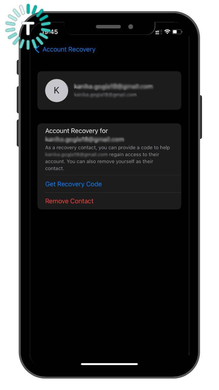 Get recovery Code or Remove Contact