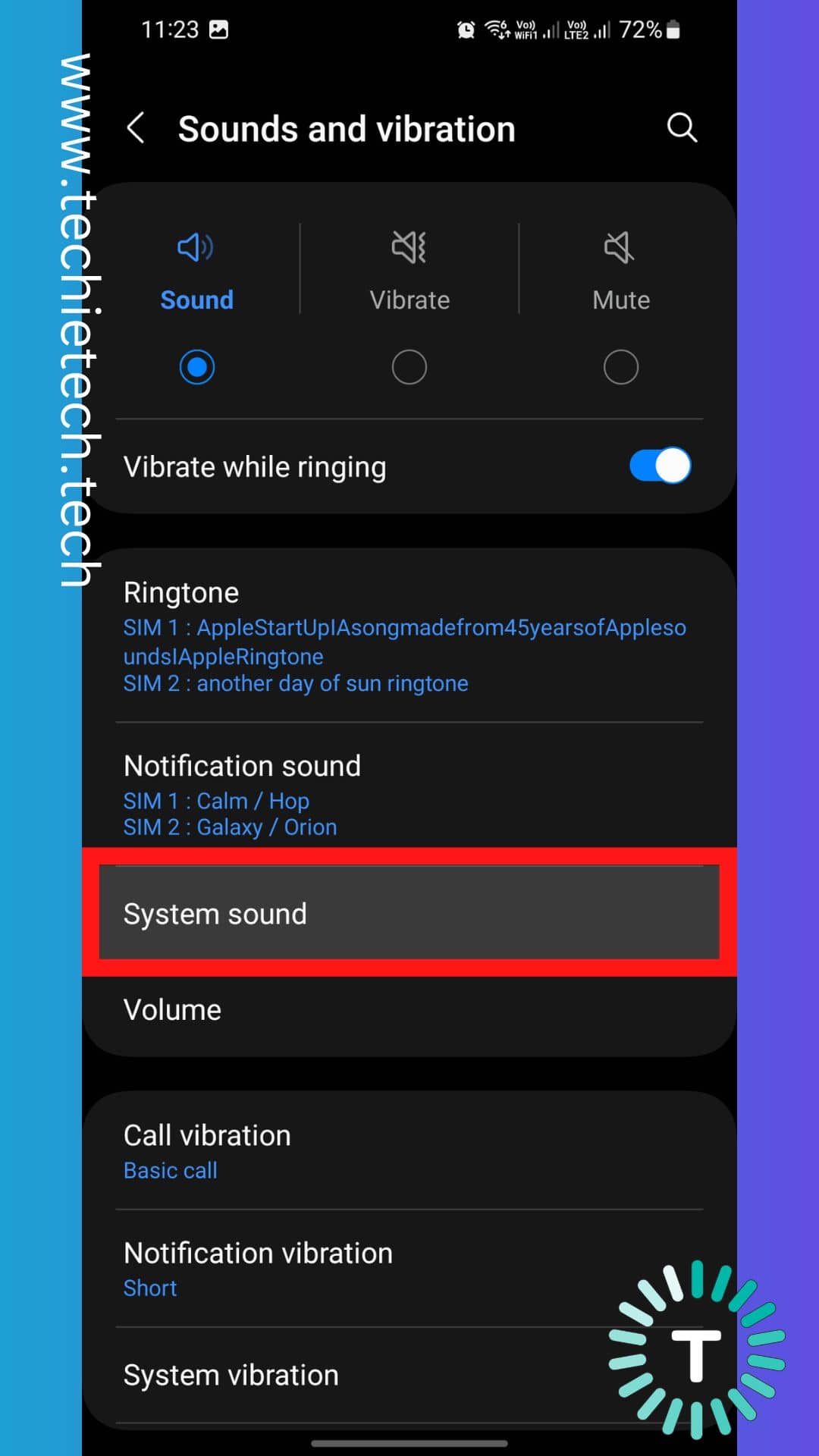 Next, scroll down and tap on System Sound and Vibration control (System Sound for tablets)