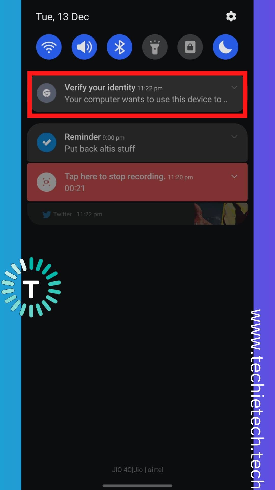 Swipe down the notification panel abd verify your identity'