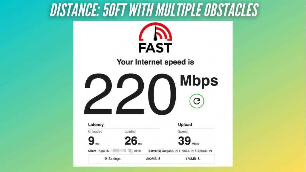 TP Link Deco X20 50ft Distance Internet Speed Test with multiple obstacles