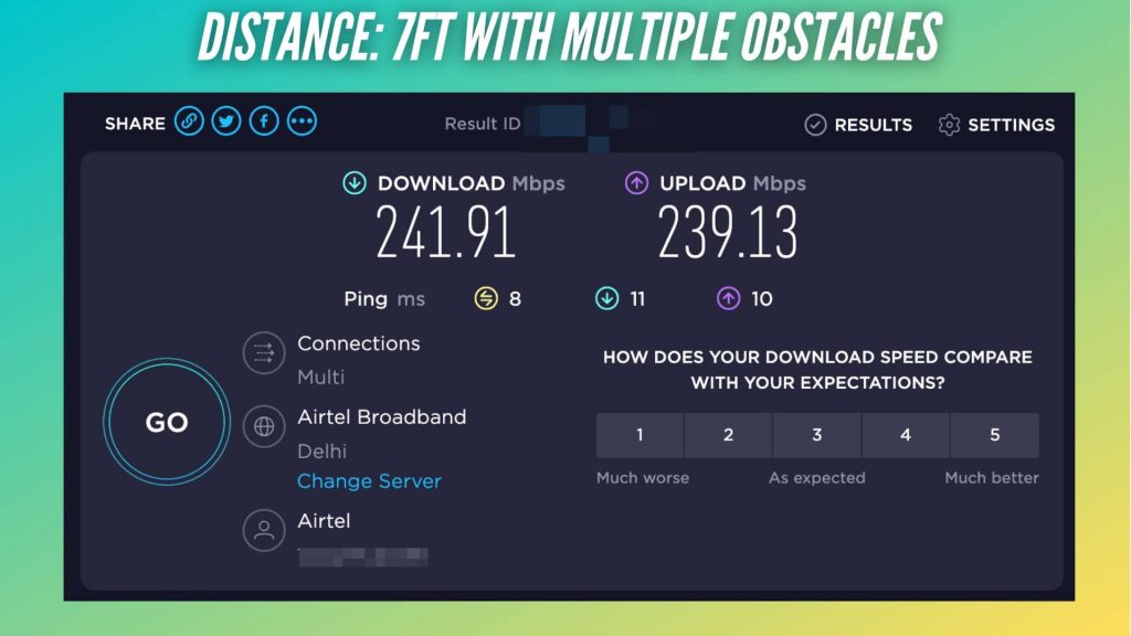 TP-Link Deco X20 Speed Test with less obstacles and a distance of 7 feet download and upload
