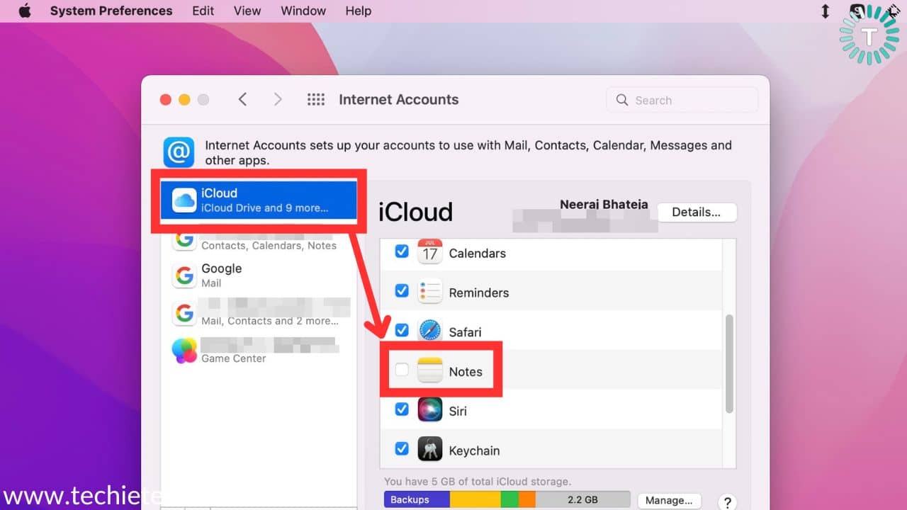 Select iCloud, then, check Notes