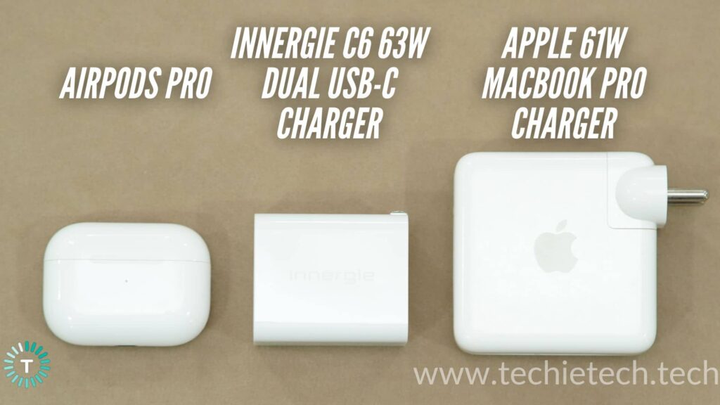 Size Comparison of AirPods, MacBook Pro Charger and Innergie C6 Duo USB-C Adapter