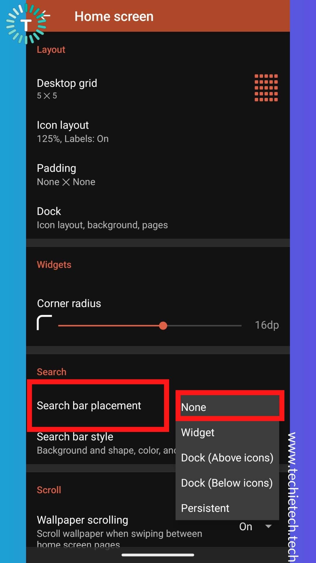Tap on the Search bar placement option and select 'None'