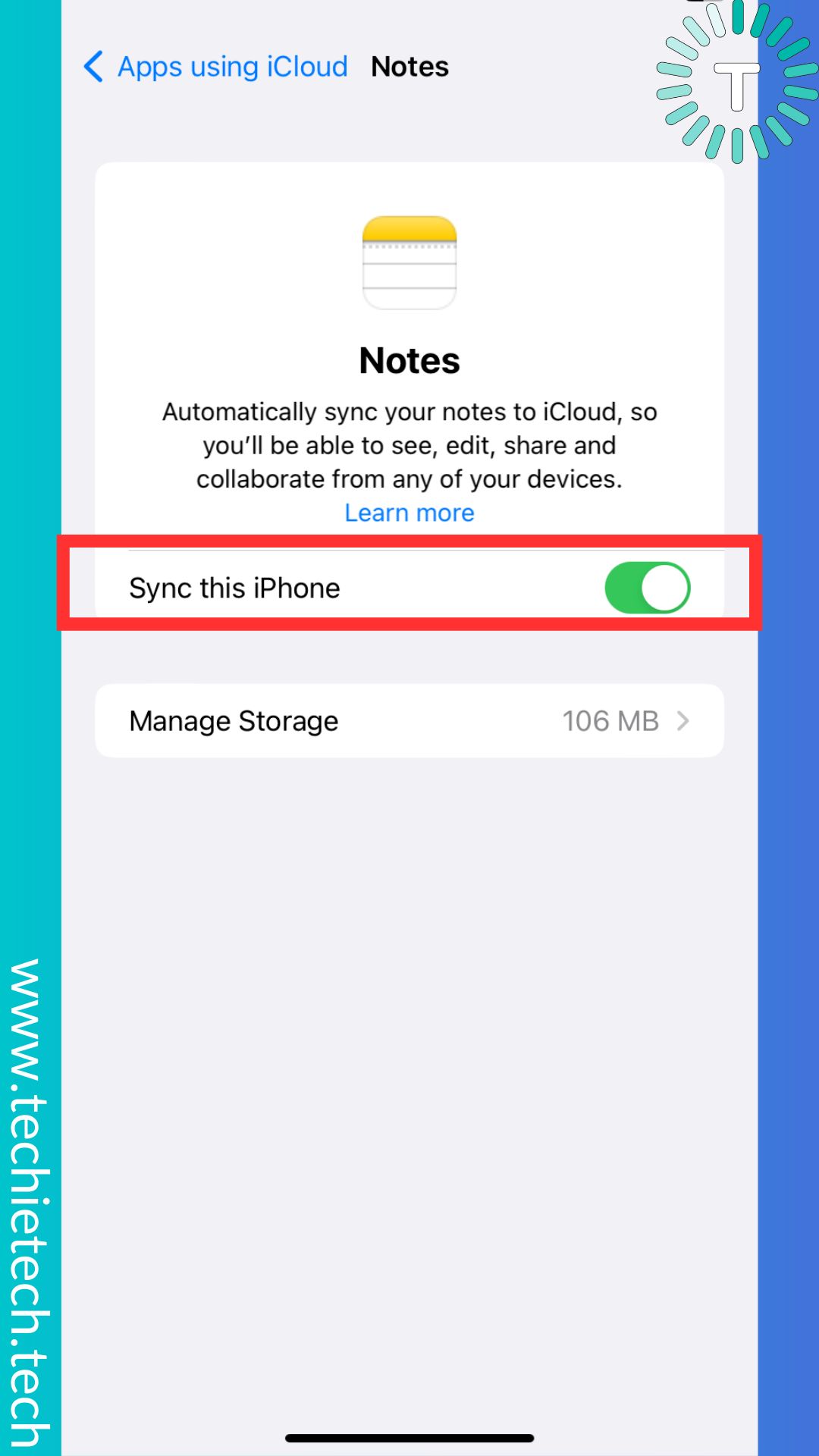 tap on Notes and toggle the switch to enable Sync this iPhone.