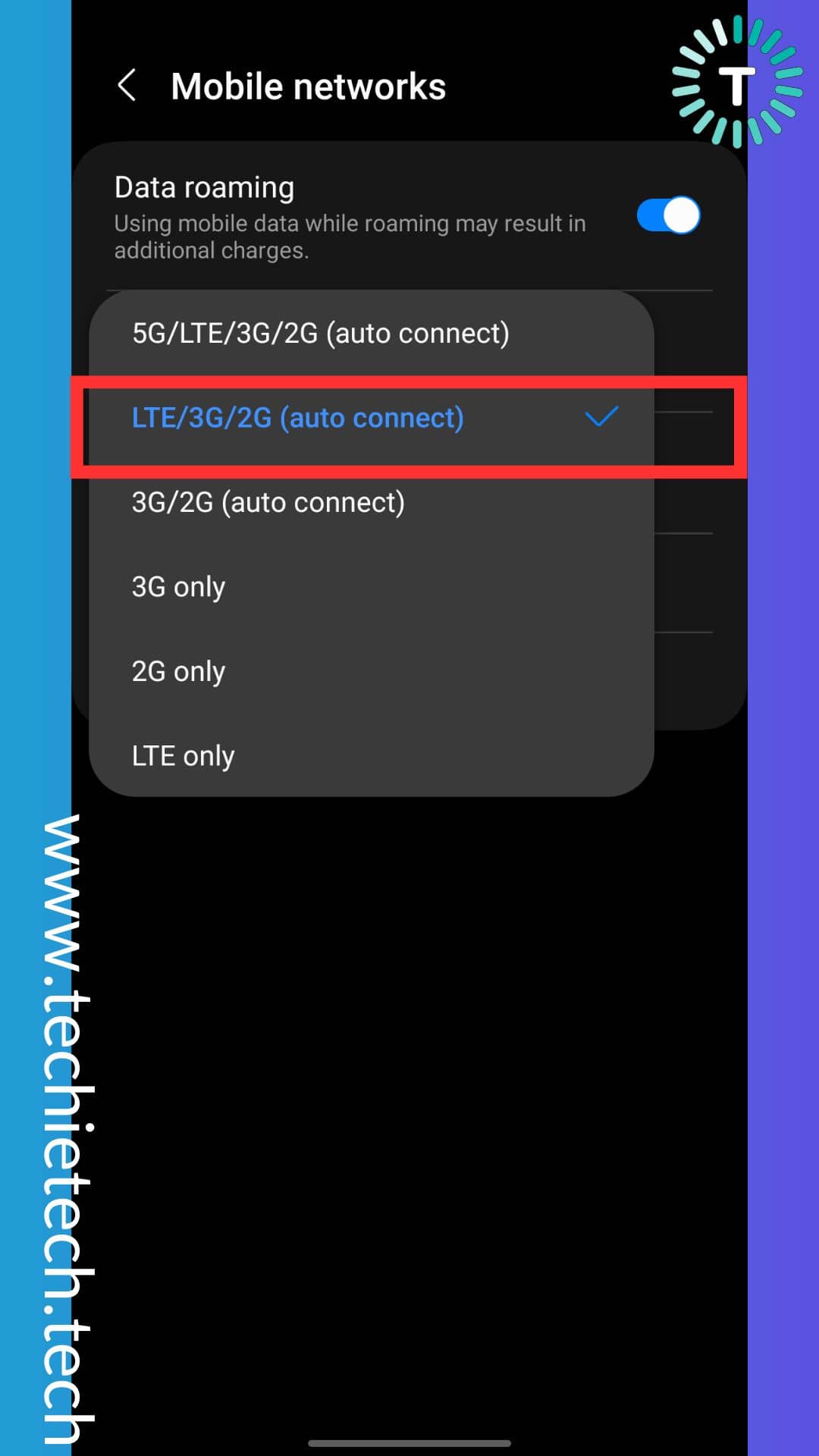 Now tap on LTE 3G 2G (auto connect) to change the Network Mode