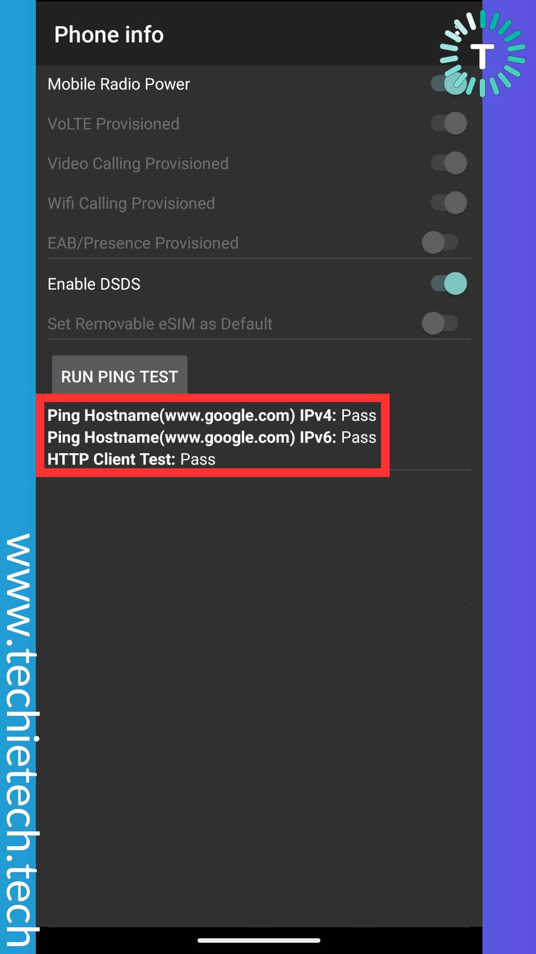 check if you can see Pass beside options placed under RUN PING TEST button