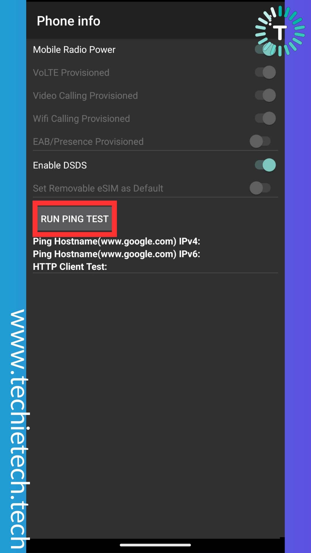 scroll down and tap on the RUN PING TEST,