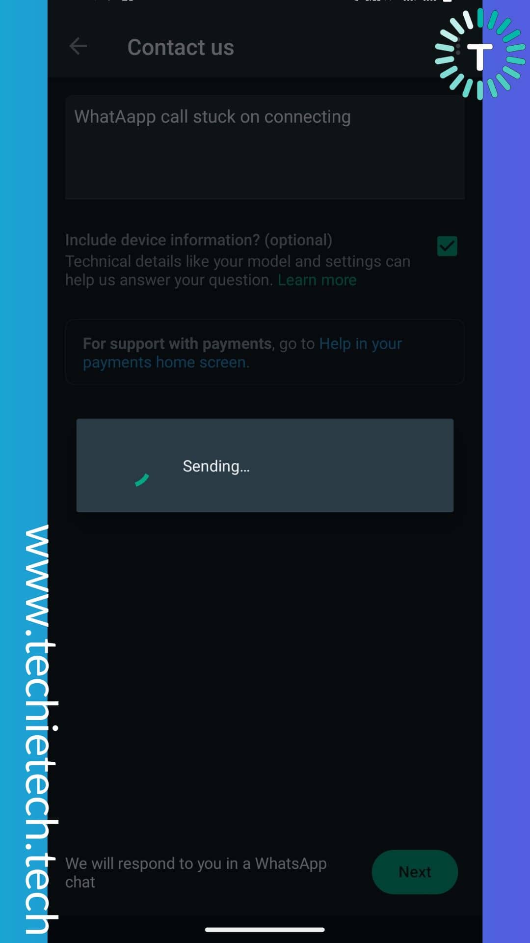 Sending issue to WhatsApp support