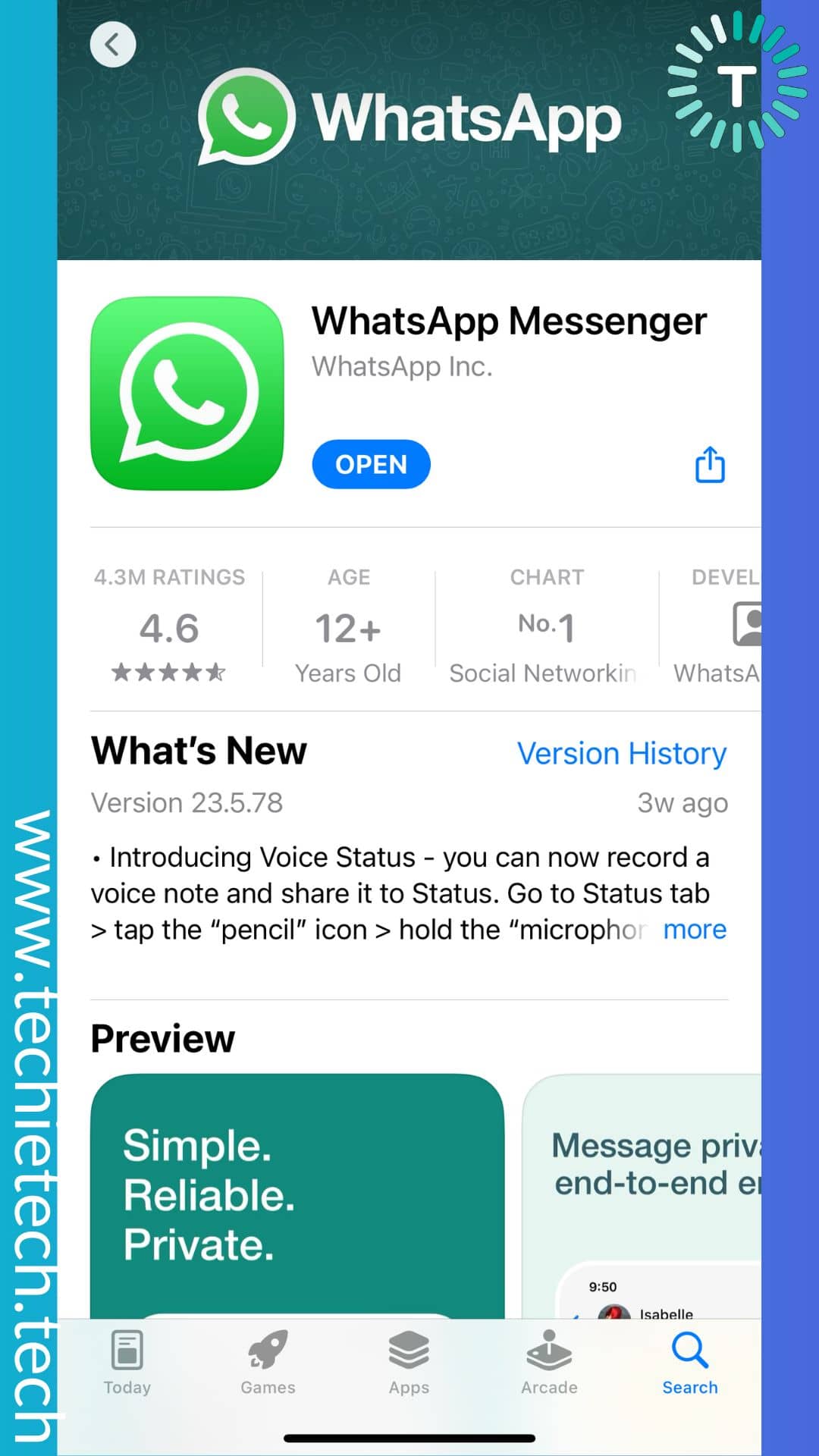 WhatsApp page on App Store