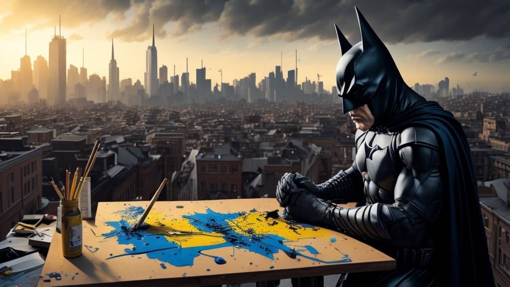 Batman trying to paint on top of a building
