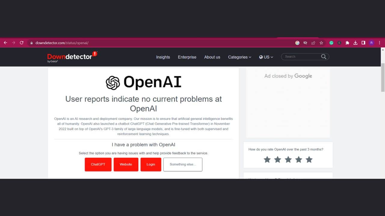 Downdetector showing OpenAI downtime report