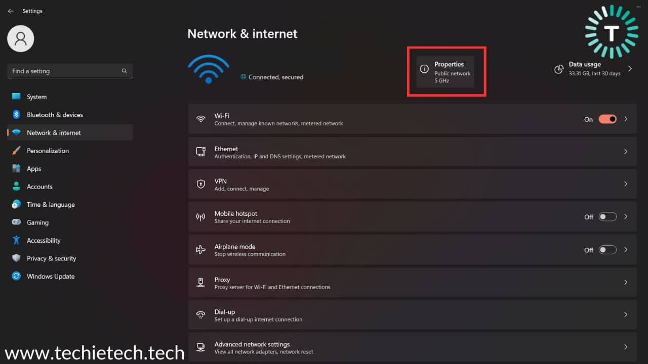 Now click on properties beside your Wi-Fi network