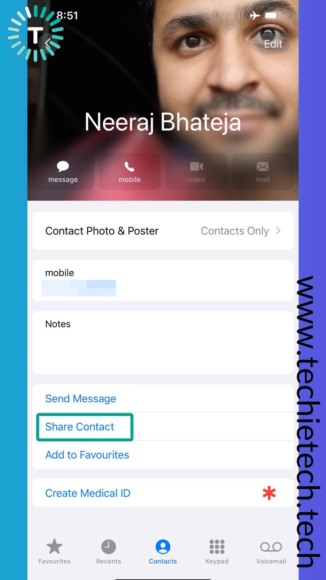 Open Contacts app and tap Share Contact