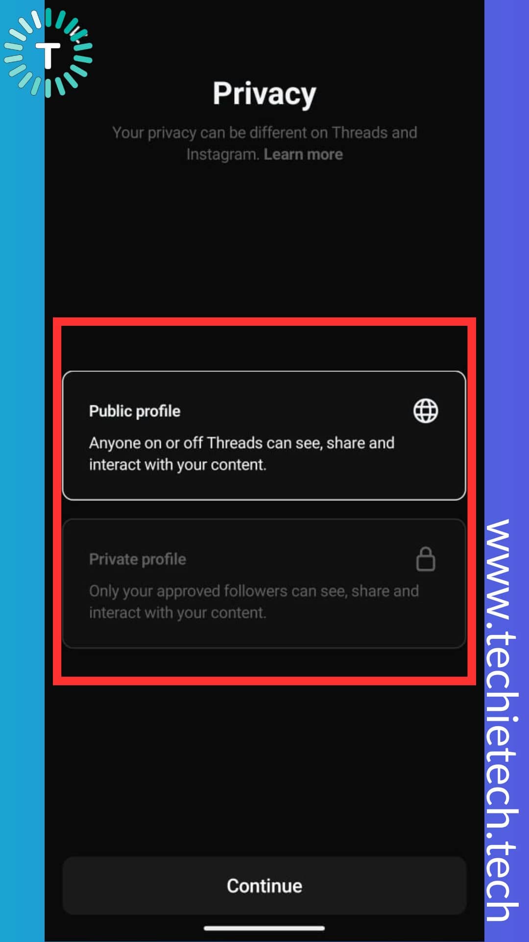 Choose public or private profile
