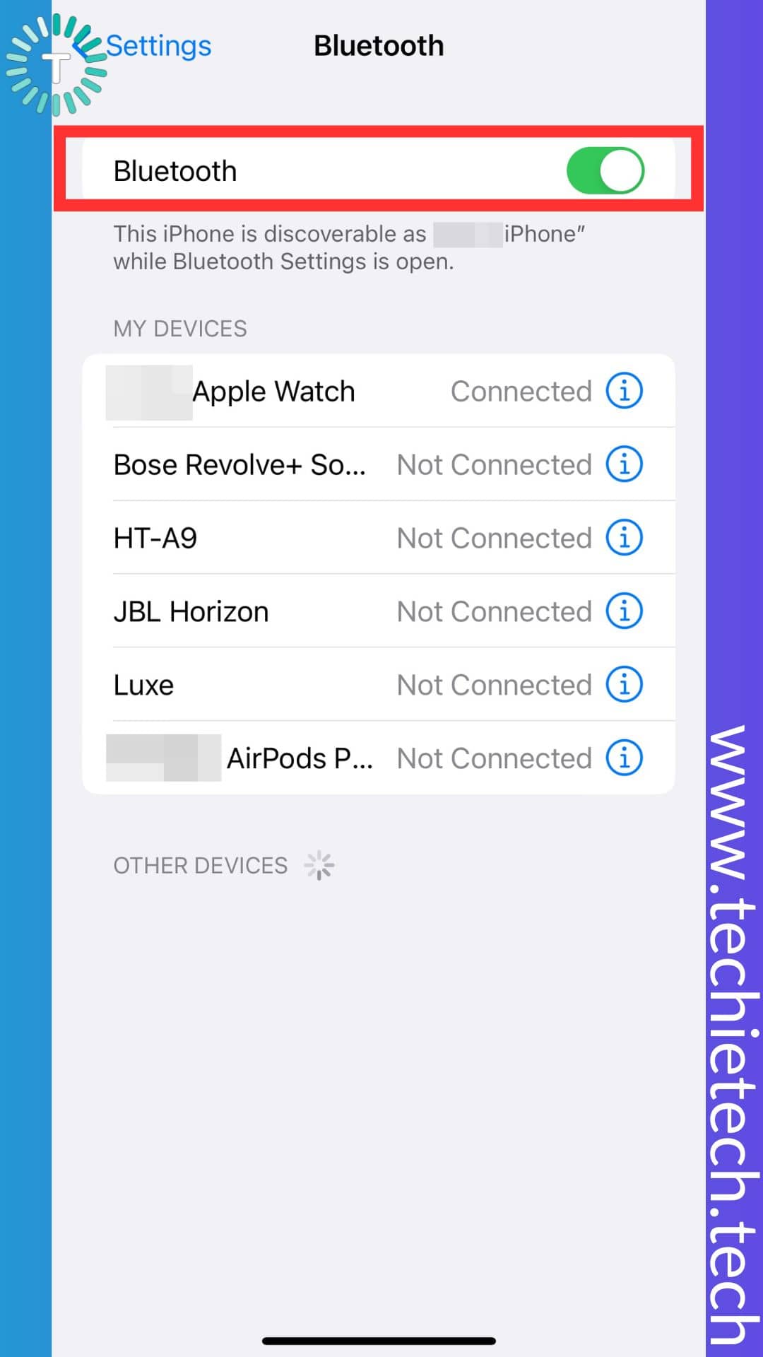 Toggle the switch to turn on Bluetooth
