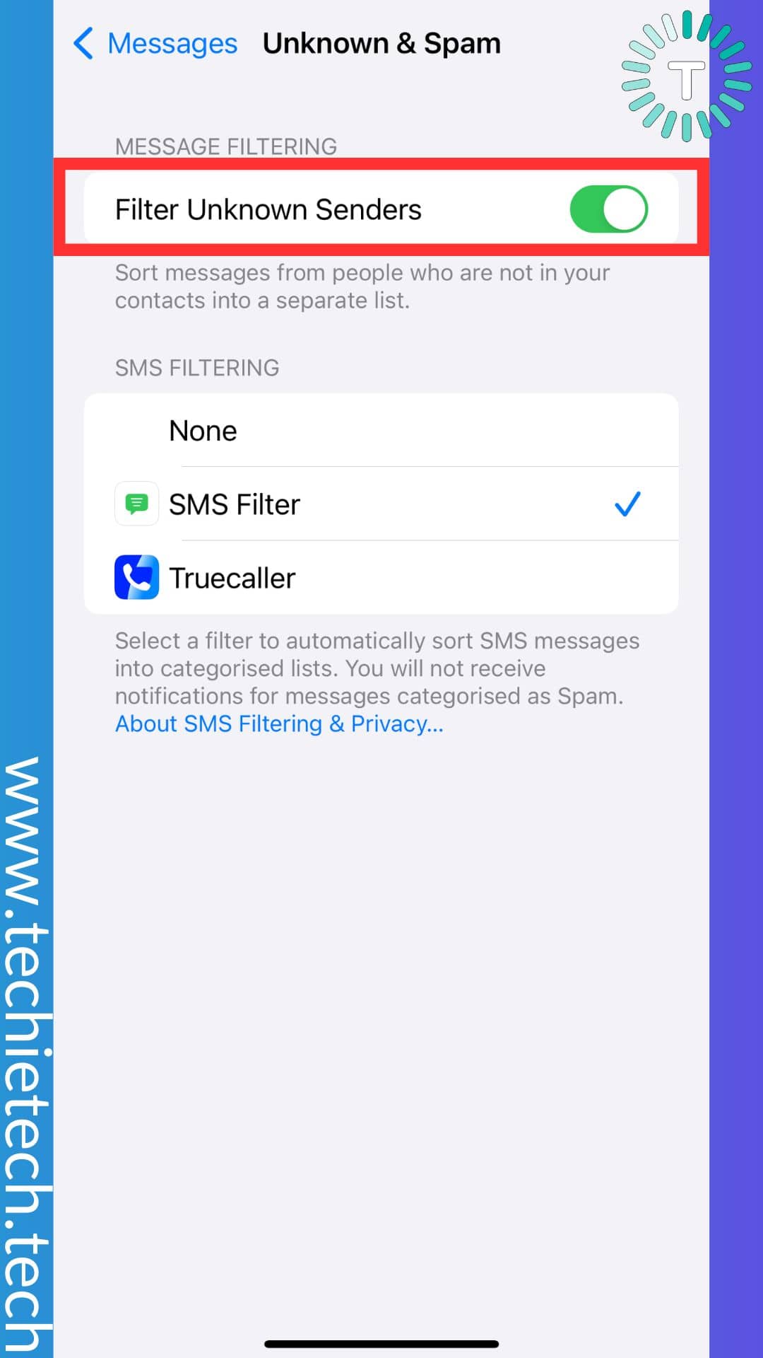 Toggle off Filter Unknow Senders